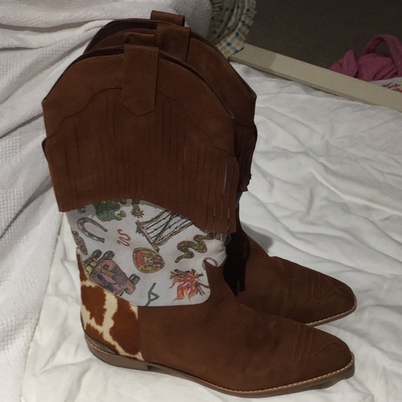 Nicole Miller Stuart Weitzman 8 vintage wester cowgirl graphic print boot euc - Picture 1 of 8